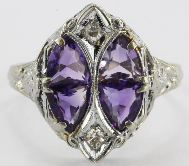 Antique 14K White Gold Amethyst & Diamond Art Deco JJ White Co. Ring - Queen May