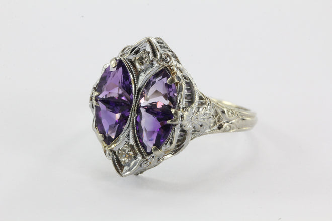 Antique 14K White Gold Amethyst & Diamond Art Deco JJ White Co. Ring - Queen May