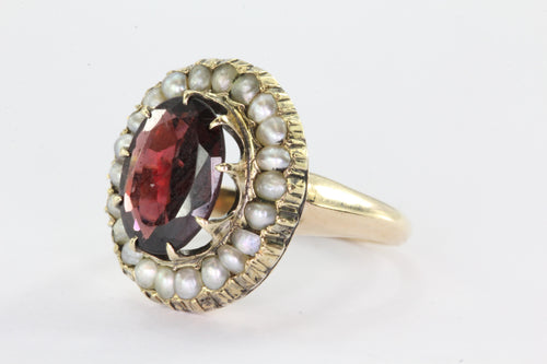 Victorian 14K Gold Garnet Seed Pearl Halo Ring - Queen May