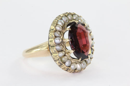 Victorian 14K Gold Garnet Seed Pearl Halo Ring - Queen May