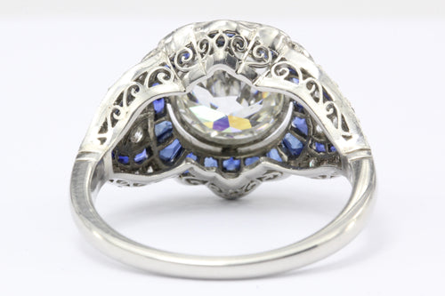 Platinum Art Deco Style 2.07 carat Old European Cut Diamond & Calibre Blue Sapphire Ring - Queen May