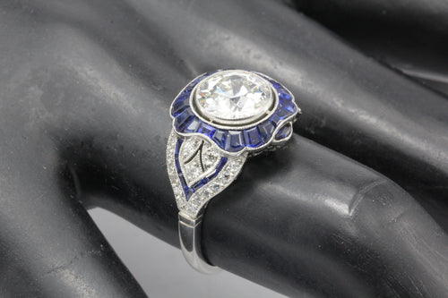 Platinum Art Deco Style 2.07 carat Old European Cut Diamond & Calibre Blue Sapphire Ring - Queen May