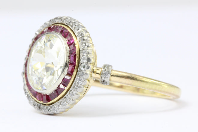 Edwardian 18K Gold Platinum Top Ruby & Old European Cut Diamond Ring - Queen May