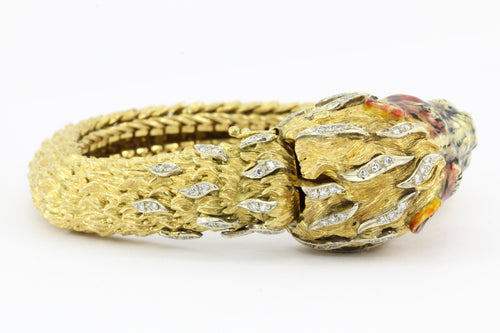 Retro 18K Yellow Gold Diamond & Enamel Lion Head Bracelet - Queen May