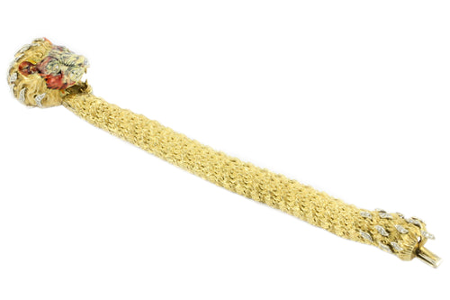Retro 18K Yellow Gold Diamond & Enamel Lion Head Bracelet - Queen May