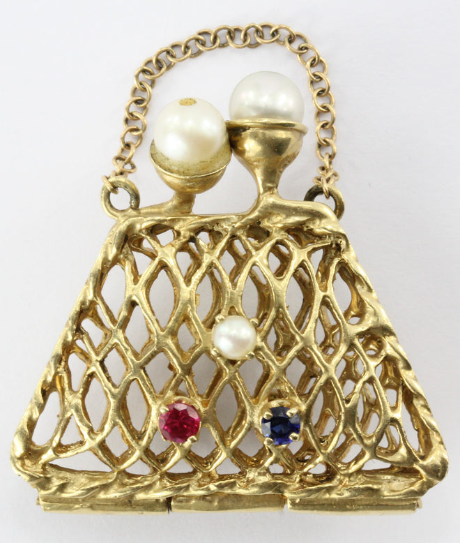 14K Gold Woven Sapphire, Ruby, & Pearl Opening Purse Pendant / Charm - Queen May