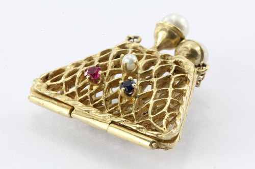 14K Gold Woven Sapphire, Ruby, & Pearl Opening Purse Pendant / Charm - Queen May