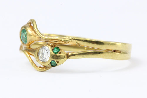 Vintage 14K Yellow Gold Emerald Diamond Intertwined Snake Ring - Queen May