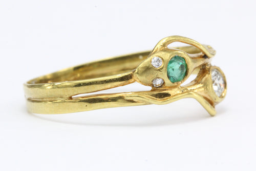 Vintage 14K Yellow Gold Emerald Diamond Intertwined Snake Ring - Queen May
