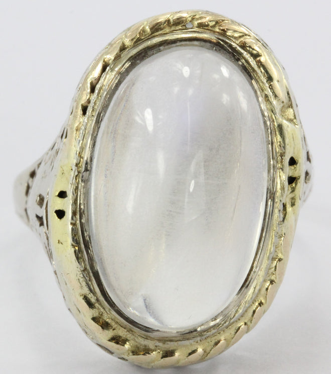 Antique Art Deco 14k White Gold Huge 8 Carat Moonstone Chunky Ring - Queen May