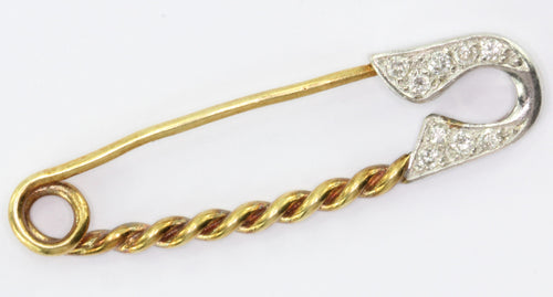 Vintage 14K White & Yellow Gold Diamond Safety Pin Brooch - Queen May