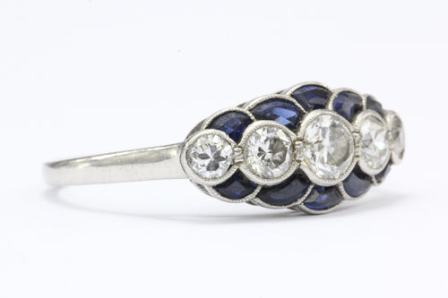 Art Deco Platinum Scalloped Edge Blue Sapphire and Old European Cut Diamond Ring - Queen May