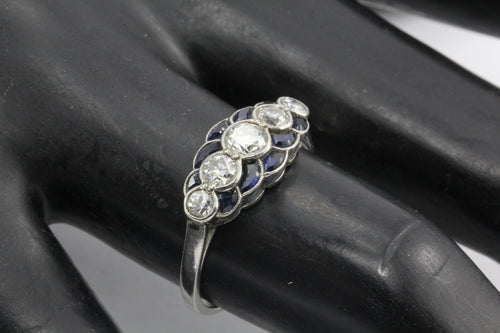 Art Deco Platinum Scalloped Edge Blue Sapphire and Old European Cut Diamond Ring - Queen May