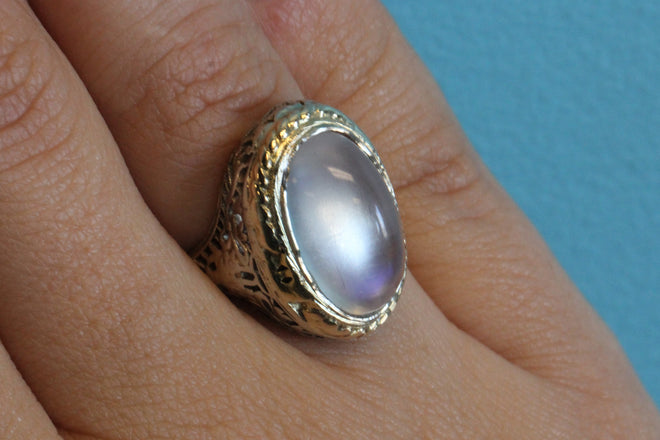 Antique Art Deco 14k White Gold Huge 8 Carat Moonstone Chunky Ring - Queen May