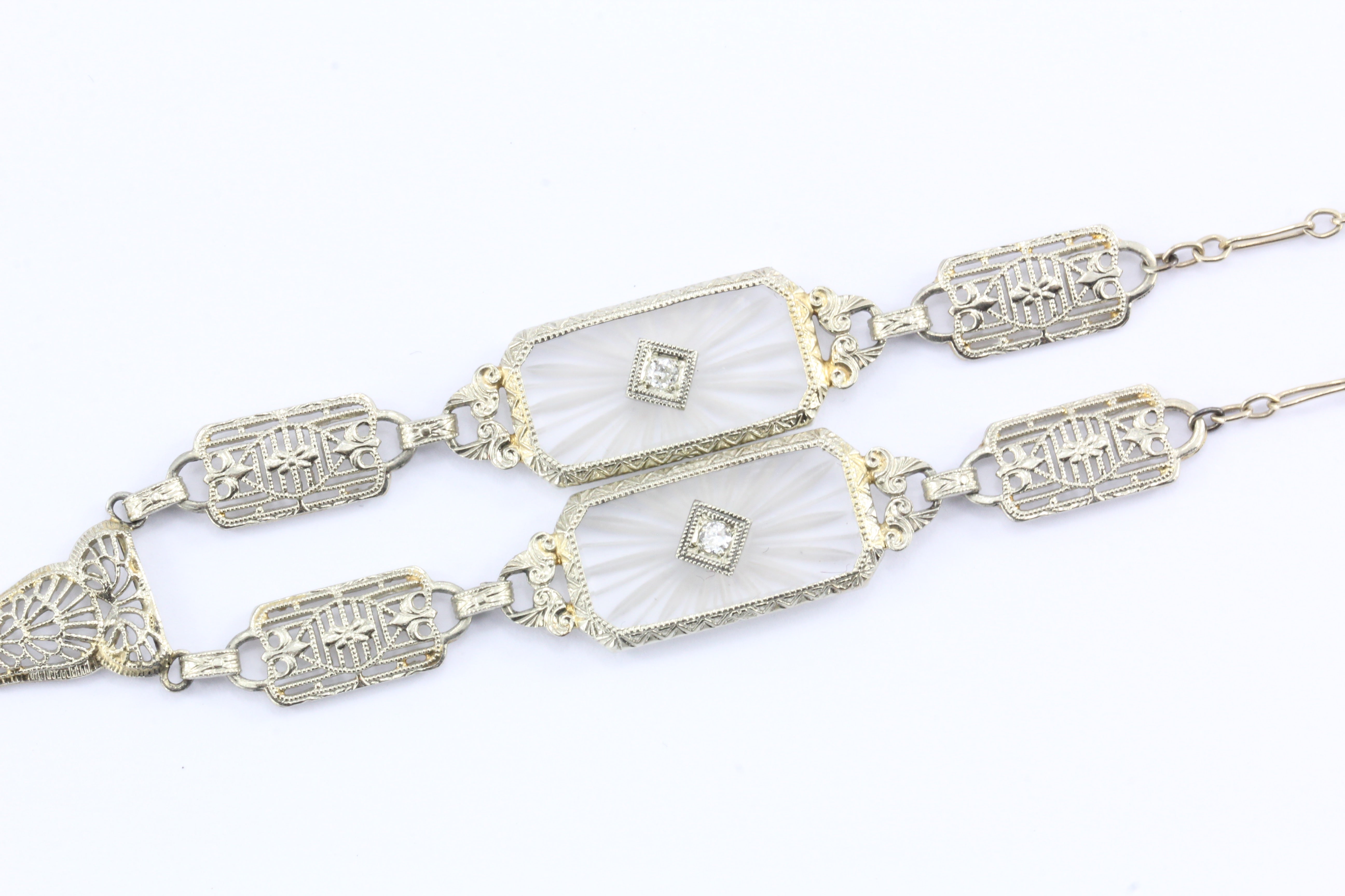 Sale - Rock Crystal Quartz Necklace - Art Deco 14K White Gold Diamond Pendant - Vintage Circa 1930s Era Statement Filigree Fine 30S Jewelry No Chain