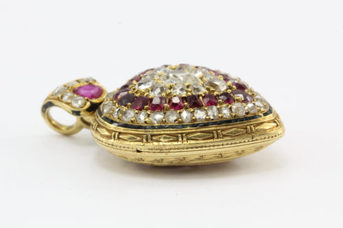 French Belle Epoque 18K Yellow Gold Old Mine Cut Ruby Rose Cut Heart Locket - Queen May
