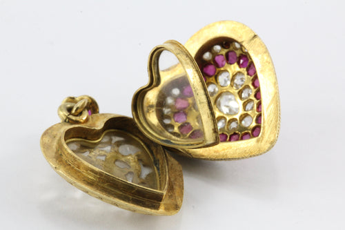 French Belle Epoque 18K Yellow Gold Old Mine Cut Ruby Rose Cut Heart Locket - Queen May