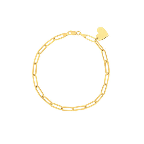 14K Yellow Gold Heart Charm Paperclip Bracelet - Queen May