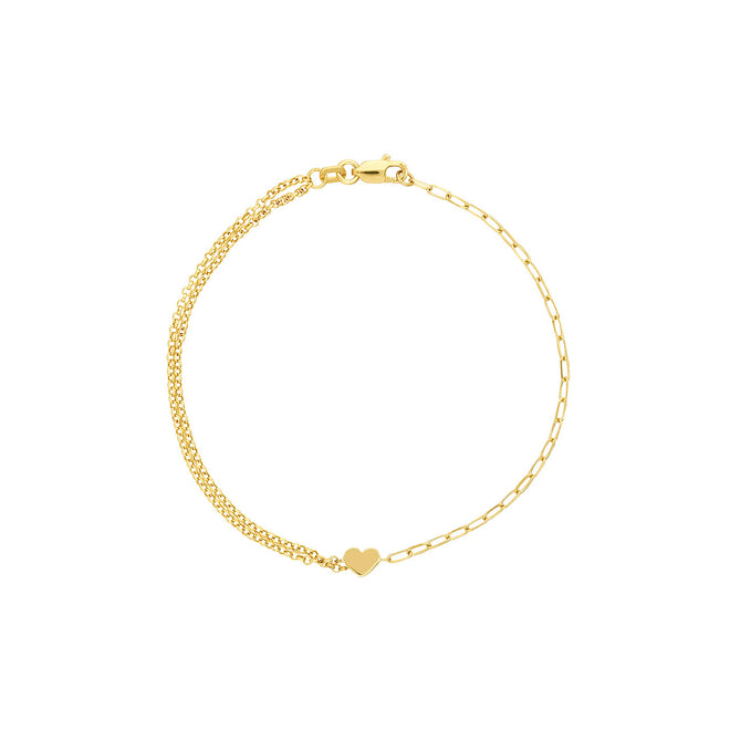 14K Yellow Gold 50/50 Paperclip & Double Rolo Heart Bracelet - Queen May