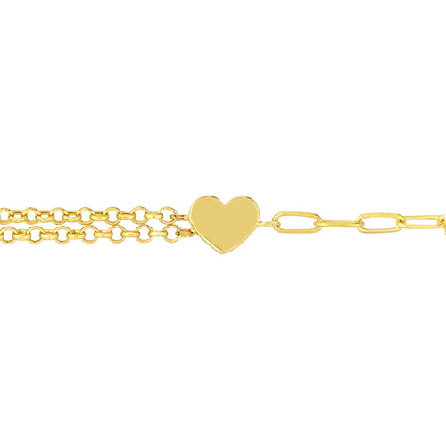 14K Yellow Gold 50/50 Paperclip & Double Rolo Heart Bracelet - Queen May