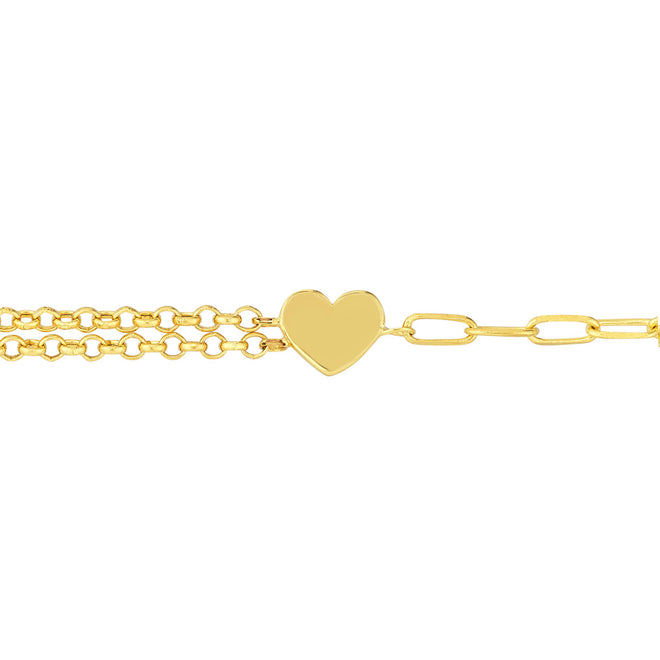 14K Yellow Gold 50/50 Paperclip & Double Rolo Heart Bracelet - Queen May