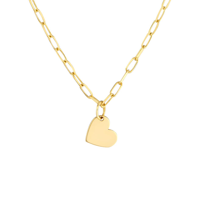 14K Yellow Gold Heart Pendant Paperclip Chain Necklace - Queen May