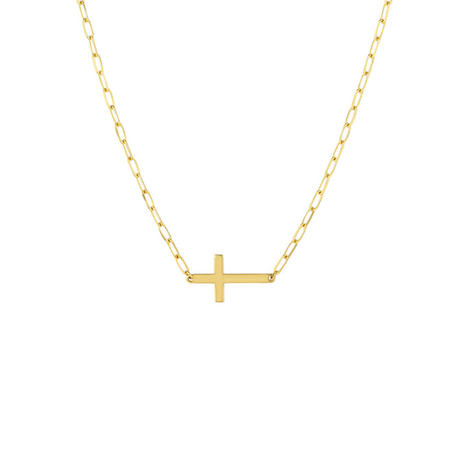 14K Yellow Gold Sideways Cross Paperclip Chain Pendant Necklace - Queen May