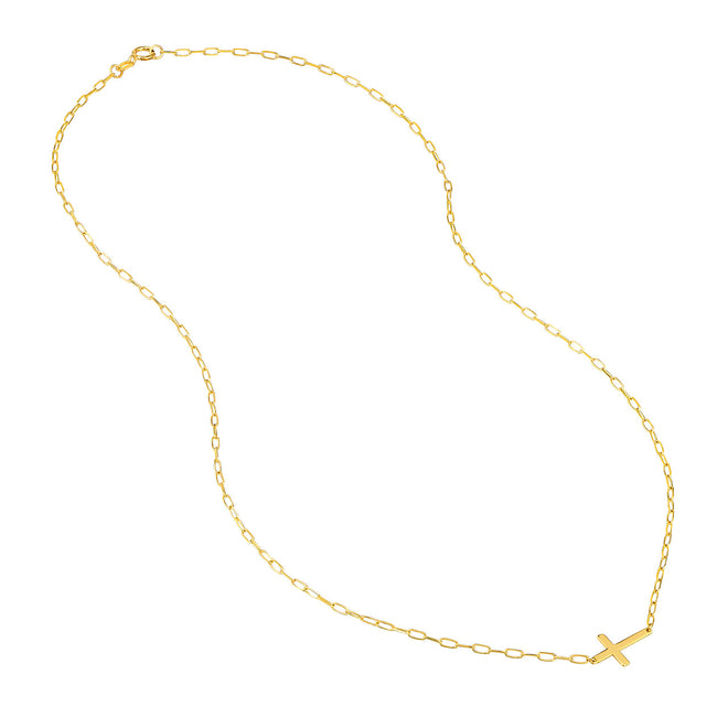 14K Yellow Gold Sideways Cross Paperclip Chain Pendant Necklace - Queen May