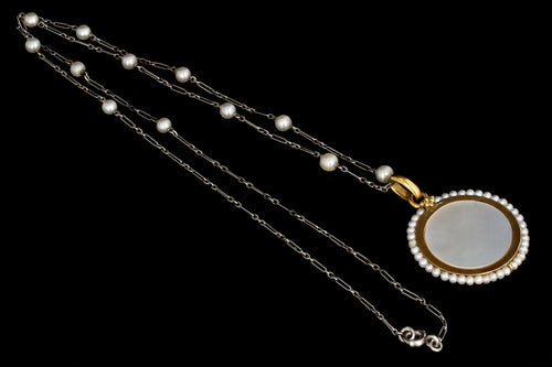 Antique English 18K Yellow Gold, Enamel, and Mother of Pearl Religious Pendant Necklace - Queen May