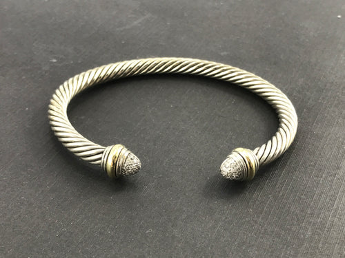 David Yurman Sterling Silver & 14K Gold Diamond 5mm Cable Cuff Bracelet - Queen May