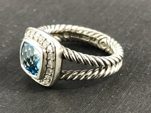 David Yurman Sterling Silver Blue Topaz & Diamond Petite Albion Ring Size 4.75 - Queen May