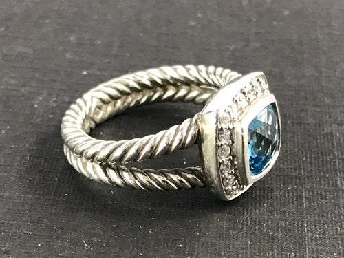 David Yurman Sterling Silver Blue Topaz & Diamond Petite Albion Ring Size 4.75 - Queen May