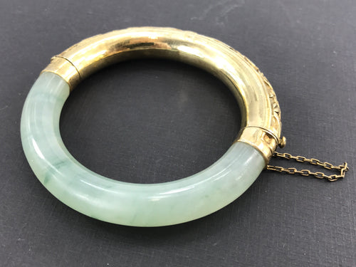Vintage Gold Washed Silver Icy Moss in Snow Jadeite Jade Chinese Bangle Bracelet - Queen May