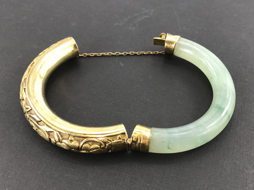 Vintage Gold Washed Silver Icy Moss in Snow Jadeite Jade Chinese Bangle Bracelet - Queen May