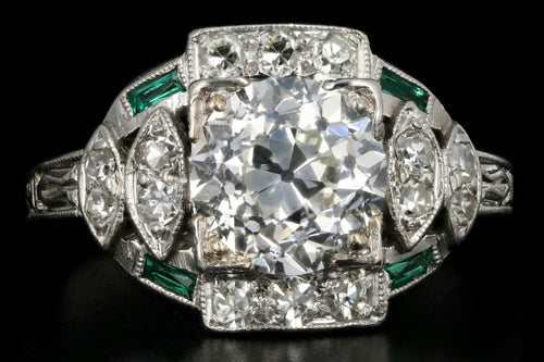 Art Deco Hand Chased Platinum 1.52CT Old European Cut Diamond and Emer ...
