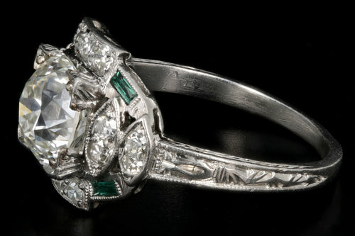 Art Deco Hand Chased Platinum 1.52CT Old European Cut Diamond and Emerald Engagement Ring - Queen May