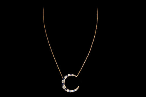 Victorian 14K Rose Gold Crescent Moon Diamond and Sapphire Necklace - Queen May