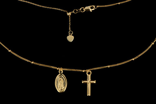 New 14K Yellow Gold Cross and Virgin Mary Necklace - Queen May