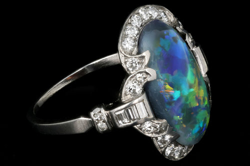 Art Deco Platinum 4CT Black Opal and Diamond Ring - Queen May