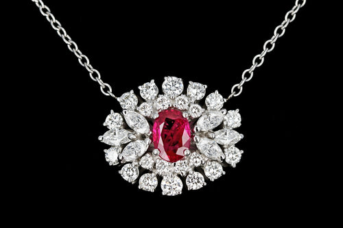 Modern 18K White Gold with 14K White Gold Chain 1.1 Carat Burma Ruby and Diamond Necklace Stone Group Laboratories Certified - Queen May