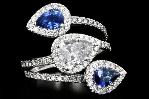 Modern 14K White Gold .83 CT Pear Cut Diamond And Sapphire Triple Bypass Ring GIA Certified - Queen May