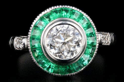 Art Deco Style 14K White Gold 1.01 Carat Round Brilliant Cut Diamond Emerald Halo Engagement Ring - Queen May