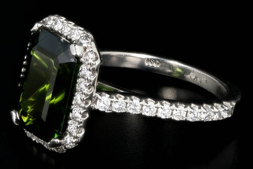 New Platinum 5.65 Carat Green Tourmaline and Diamond Halo Ring - Queen May