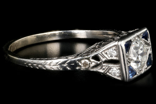 Art Deco Platinum .43 Carat Old European Cut Diamond and Sapphire Square Top Ring - Queen May