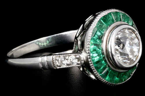 Art Deco Style 14K White Gold 1.01 Carat Round Brilliant Cut Diamond Emerald Halo Engagement Ring - Queen May