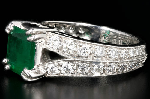 Modern Platinum 1.5 Carat Natural Emerald and Diamond Ring GIA Certified - Queen May