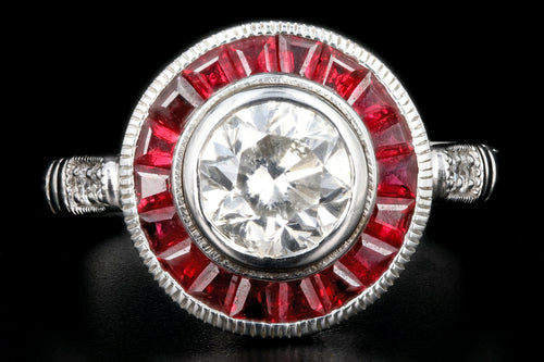 Art Deco Style 14K White Gold 1 Carat Diamond Ruby Halo Engagement Ring - Queen May