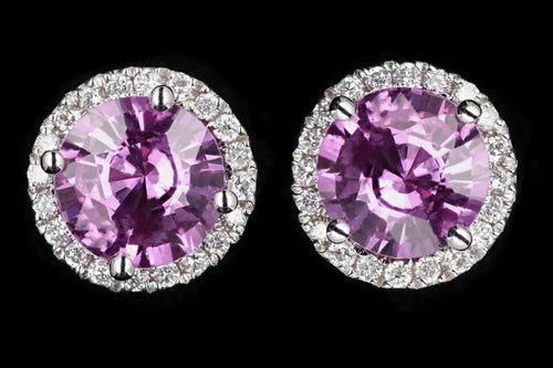 New 18K White Gold 2.5 Carat Pink Sapphire and Diamond Halo Earrings - Queen May