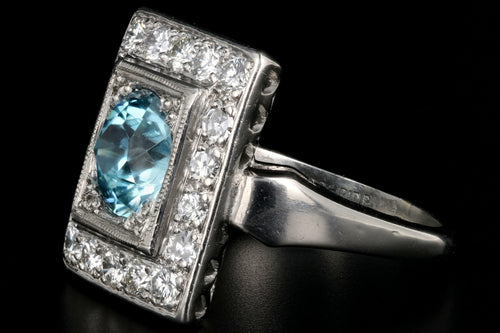 Mid Century Platinum 2.2CT Blue Zircon and Diamond Ring - Queen May