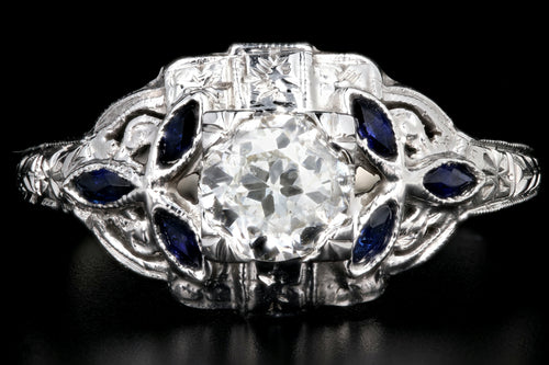 Art Deco 18K White Gold .60 Carat Old European Cut Diamond and Sapphire Ring - Queen May